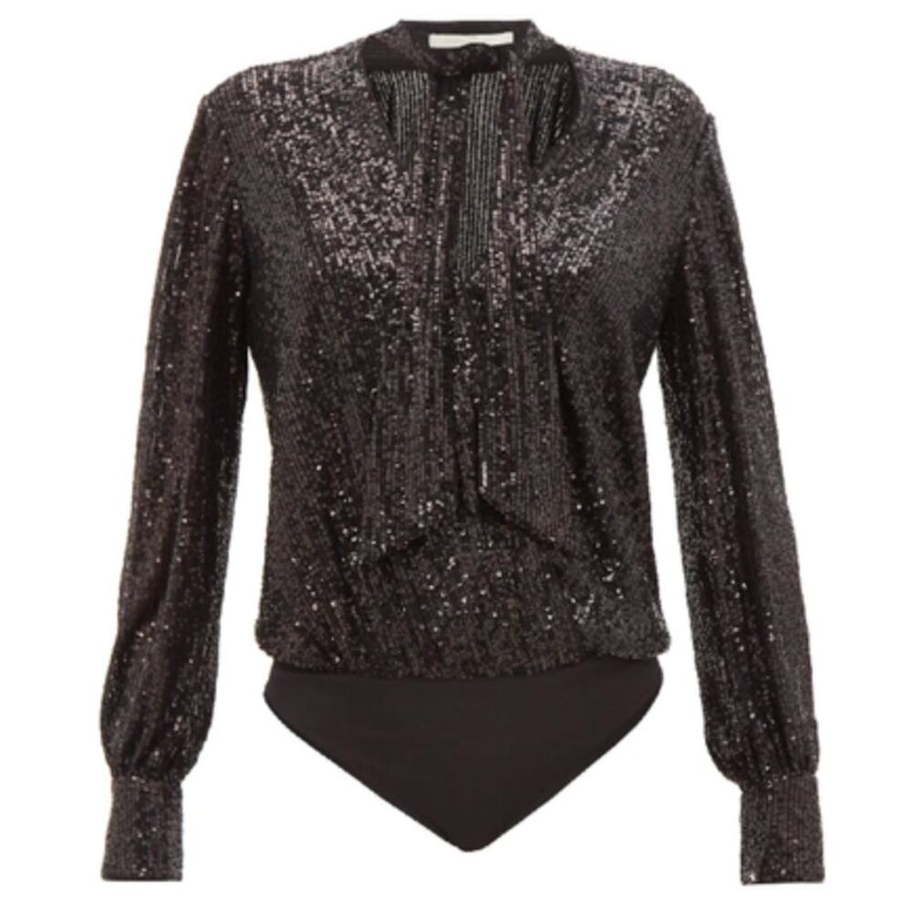 Jonathan Simkhai Sequined Tie Neck Black Long Sleeve Bodysuit